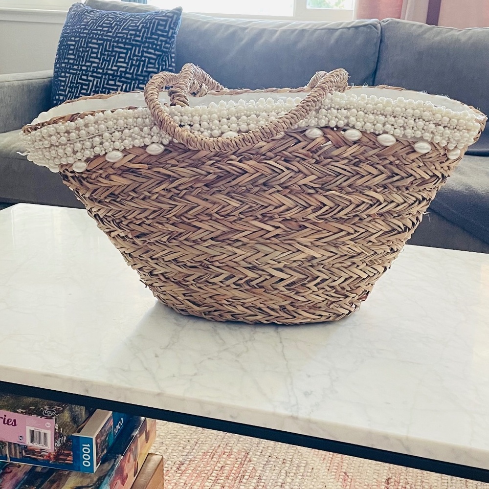 Natural Straw Summer Beach Bag with Pearl Beading Embellishment